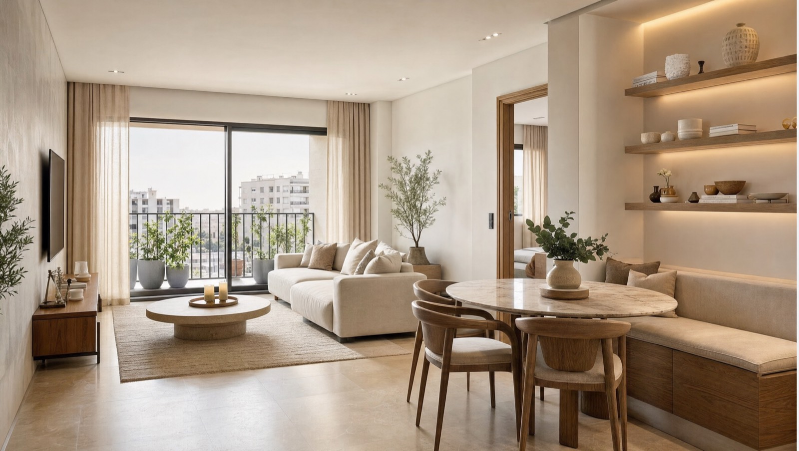 Appartement meublé livré clé en main à Casablanca, palette sable et rangements sur mesure