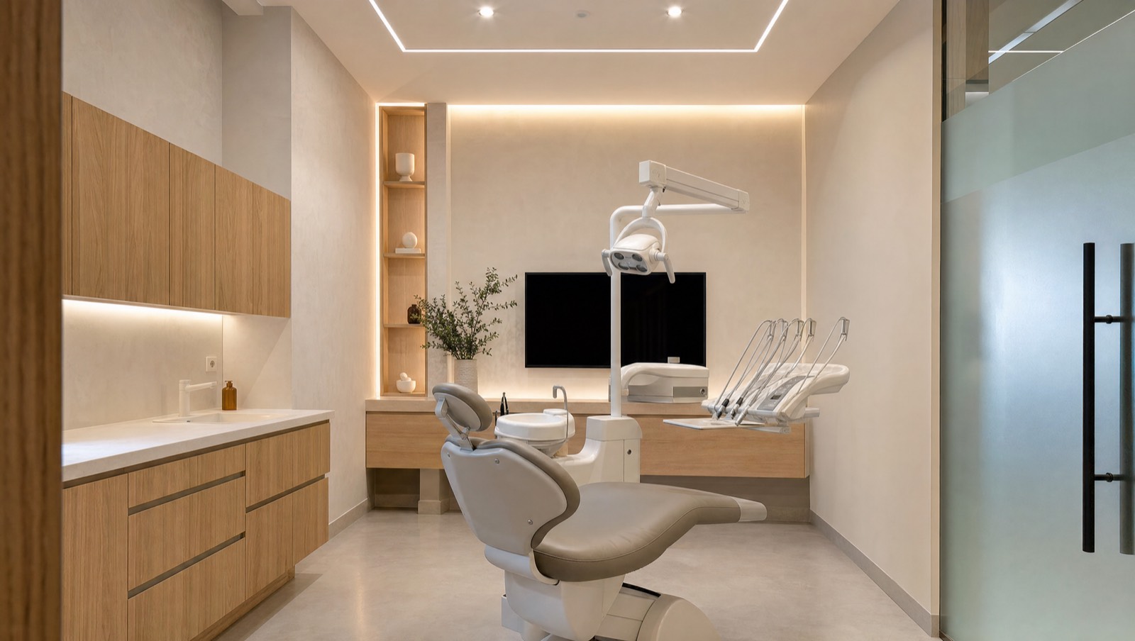 Salle de soins dentaires à Rabat, mobilier en chêne clair et murs en micro-béton