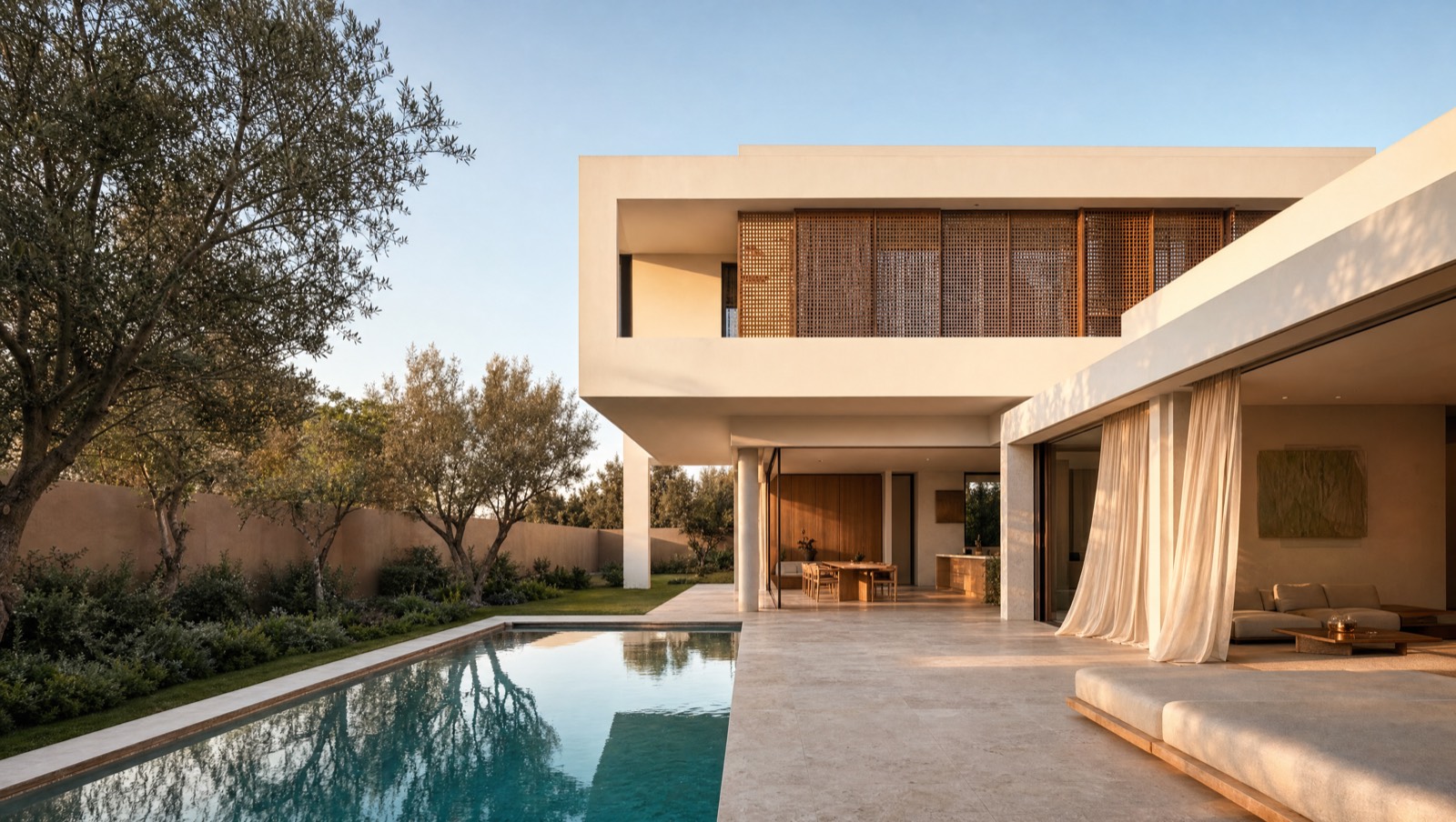 Villa contemporaine à Bouskoura, volumes blancs, moucharabieh et piscine à débordement