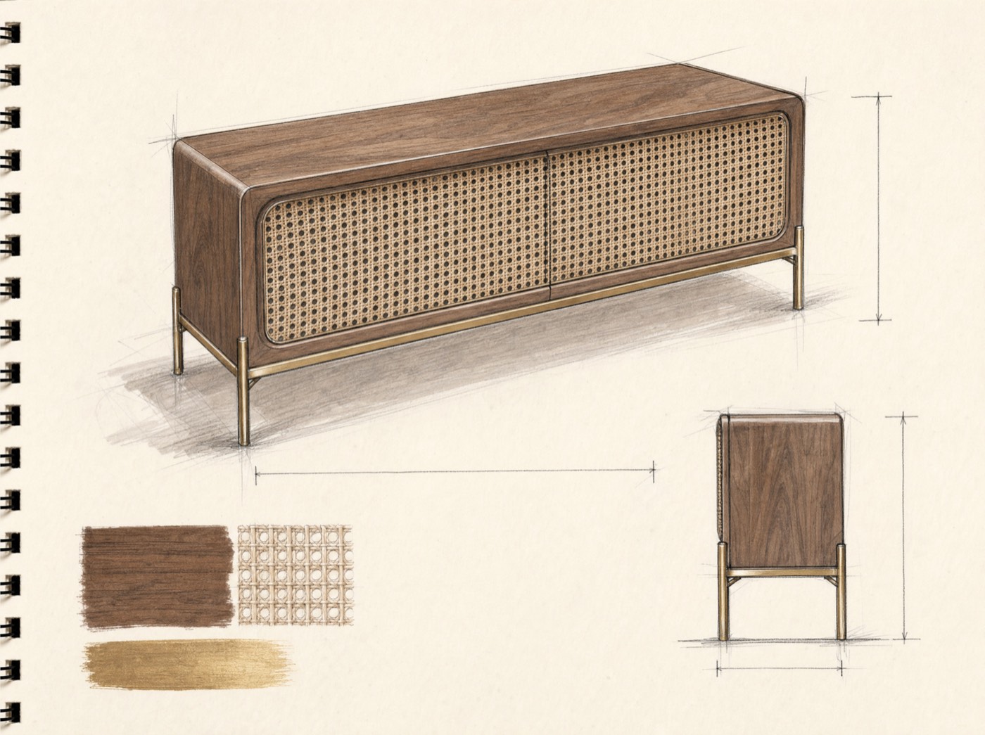 Furniture study: walnut console with cane work and brass