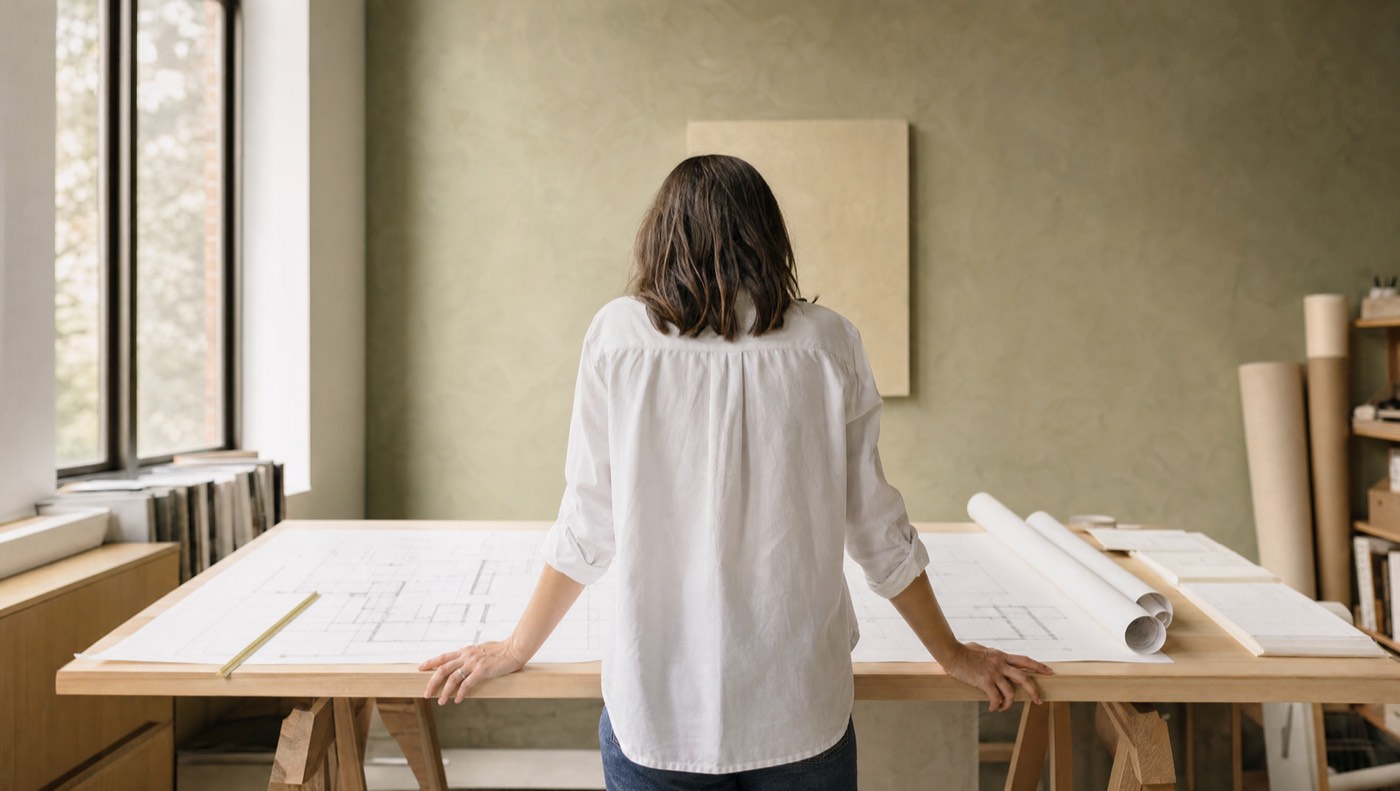 Working on a large drawing at the drawing table in the studio