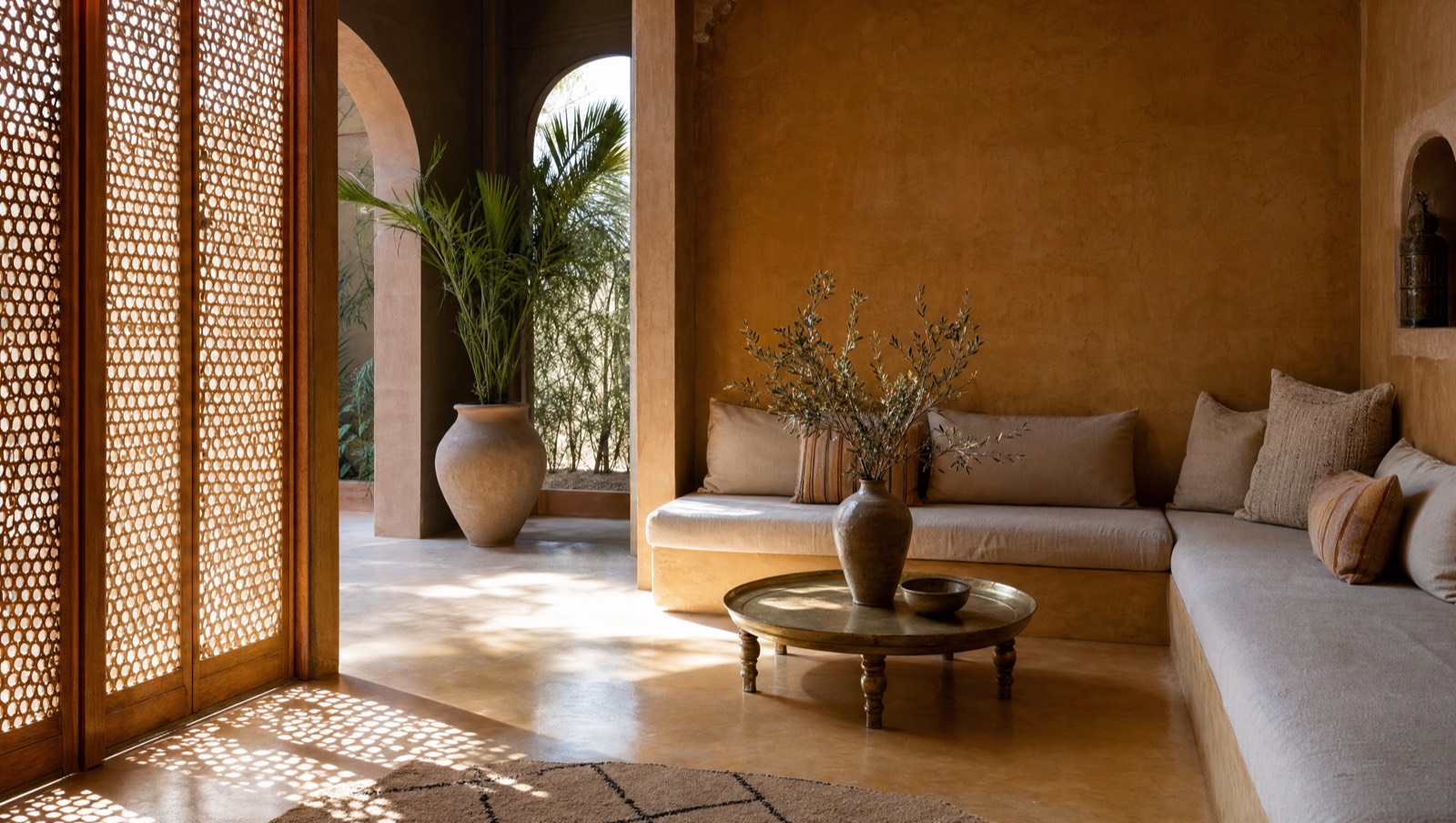 Séjour contemporain à Marrakech, tadelakt ocre et moucharabieh filtrant la lumière