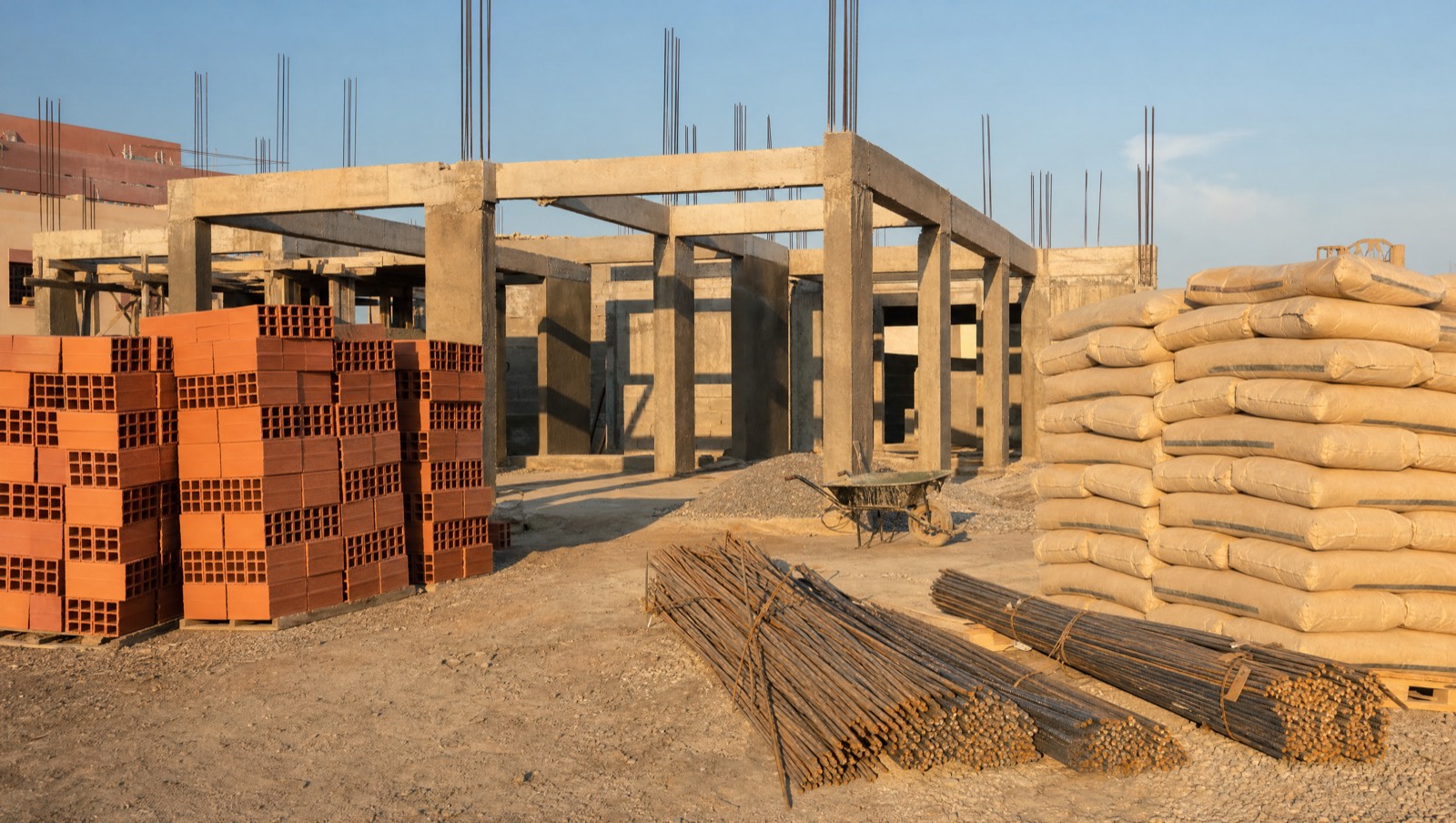 Chantier de construction organisé au Maroc, briques et sacs de ciment rangés