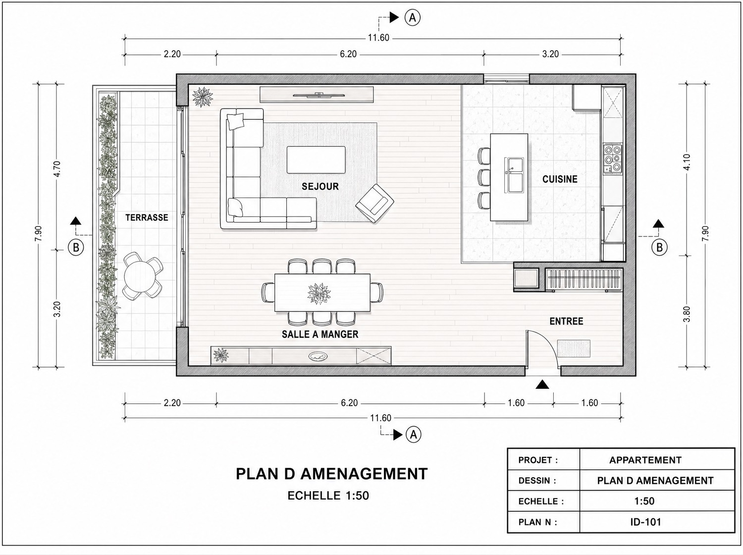 Plan d'aménagement intérieur coté au 1:50